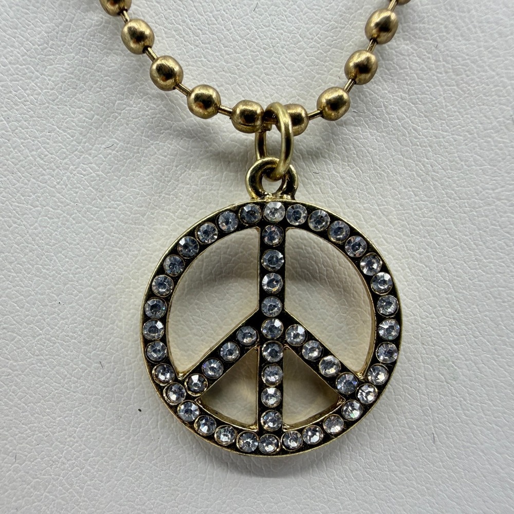 Gold Tone Peace Sign Pendant Necklace Rhinestone Embellished Boho Festival Gift